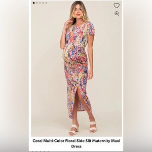 Coral Multi-Color Floral Side Slit Maternity Maxi Dress Size Medium